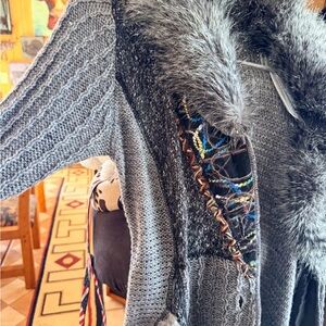 Gray Women's Sweater with Faux Fur Trim